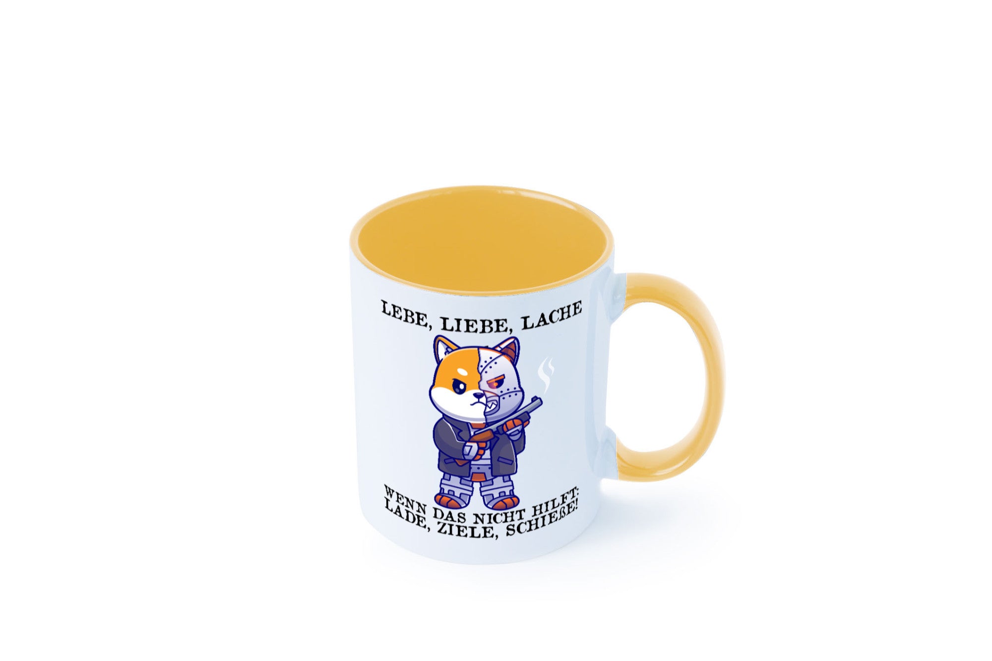 Lebe Liebe Lache | Sarkasmus Katze mit Gewehr Comic Geschenk Tierliebhaber