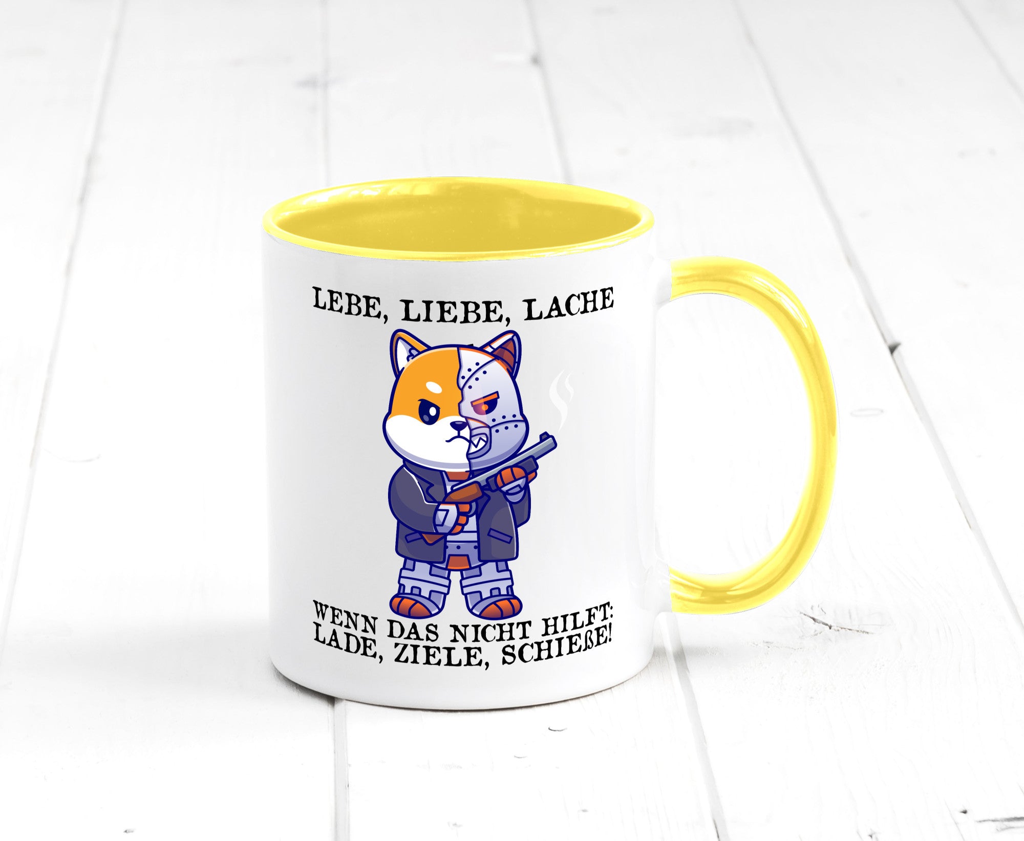 Lebe Liebe Lache | Sarkasmus Katze mit Gewehr Comic Geschenk Tierliebhaber