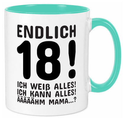 Endlich 18 | Geburtstag Tasse volljährig Erwachsen lustig Geschenkidee Geschenk