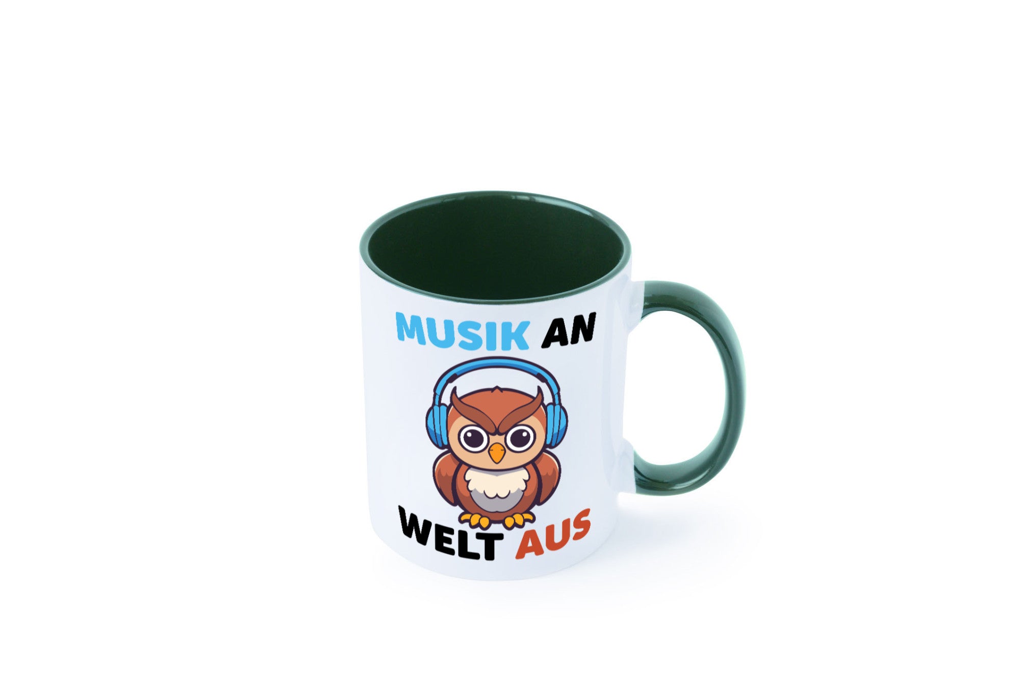 Musik an Welt aus | Eule hört lustiger Spruch Geschenk Humor Geschenkidee Tasse