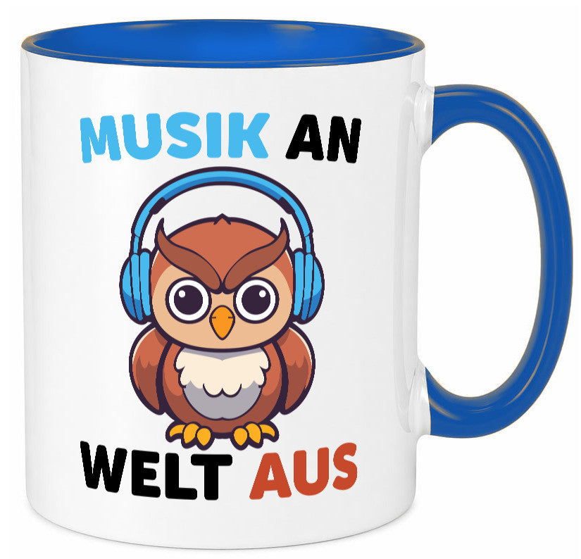 Musik an Welt aus | Eule hört lustiger Spruch Geschenk Humor Geschenkidee Tasse