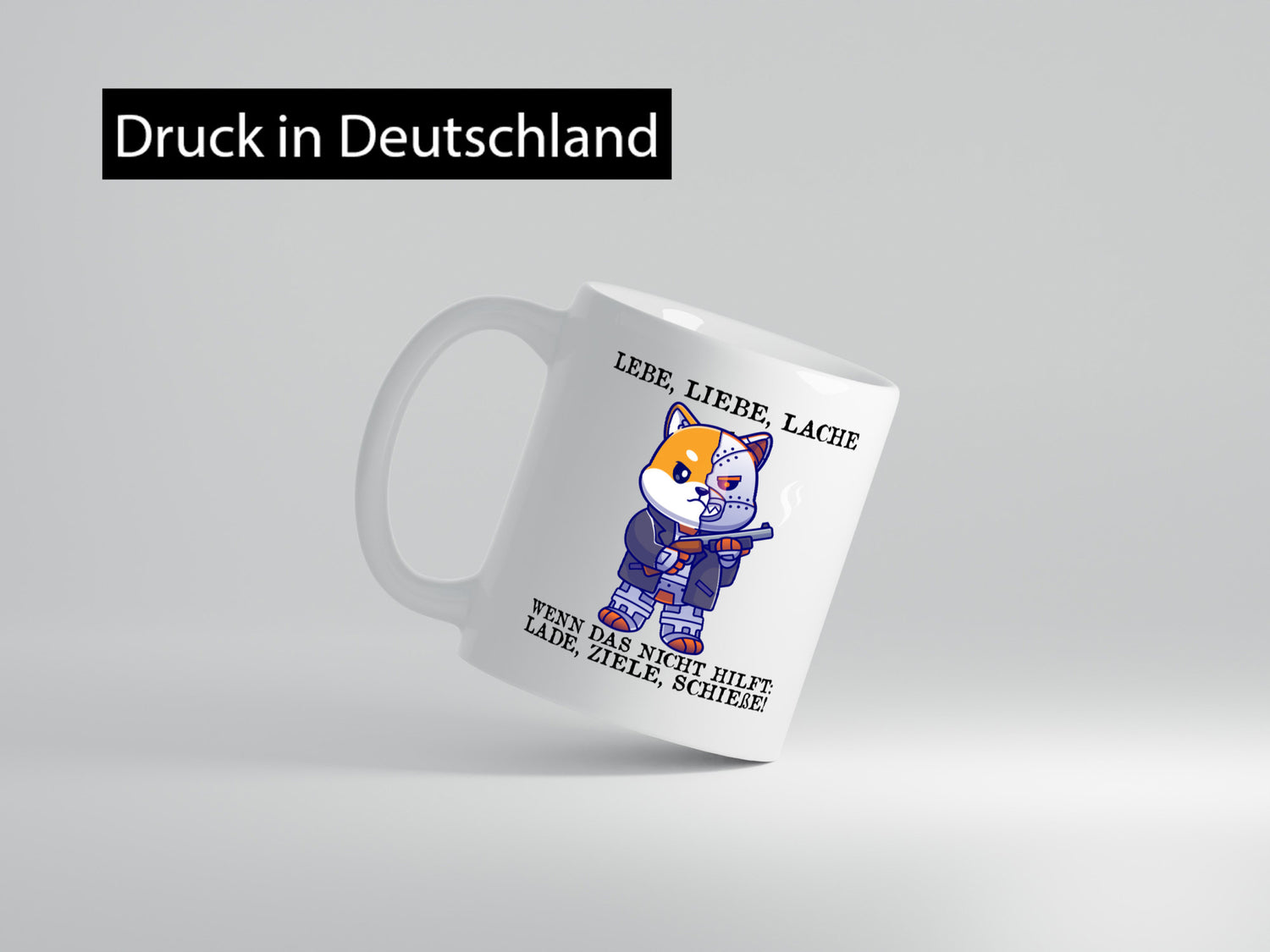 Lebe Liebe Lache | Sarkasmus Katze mit Gewehr Comic Geschenk Tierliebhaber