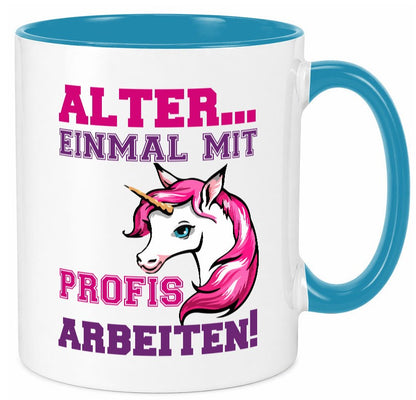 Mit Profis arbeiten | grimmiges Einhorn witzige Tasse Humor Arbeit Kollegen