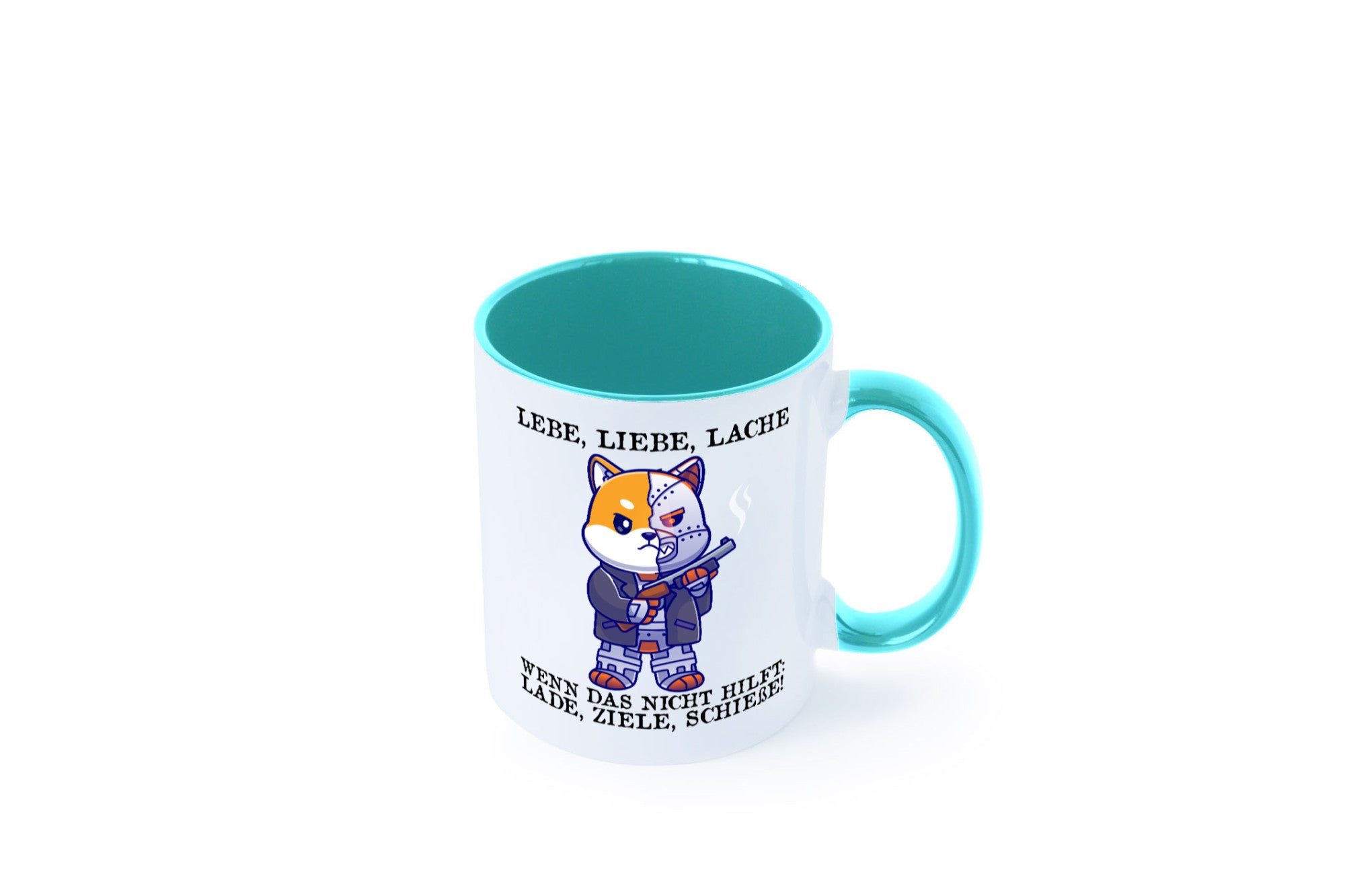 Lebe Liebe Lache | Sarkasmus Katze mit Gewehr Comic Geschenk Tierliebhaber