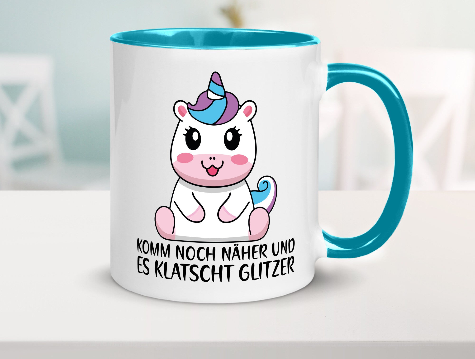 Komm näher und es klatscht Glitzer | Humor Einhorn Geschenkidee Tasse