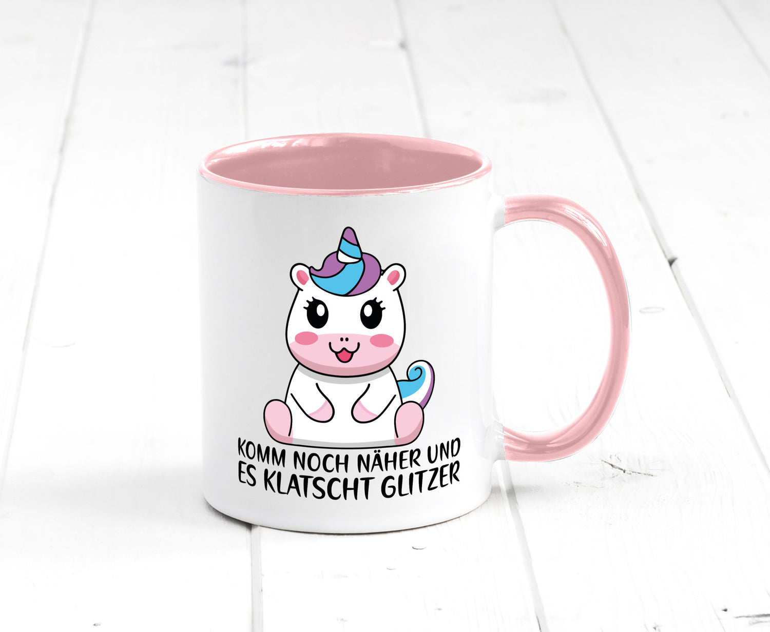 Komm näher und es klatscht Glitzer | Humor Einhorn Geschenkidee Tasse