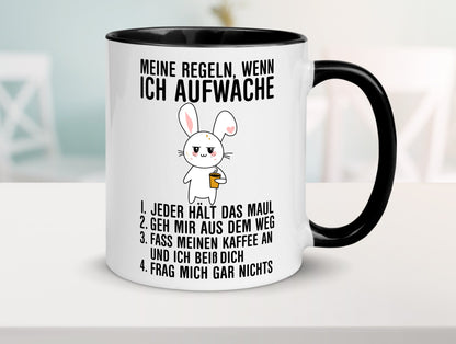 Regeln wenn ich aufwache | Morgenmuffel Hase Kaffee Geschenk Humor Geschenkidee Tasse