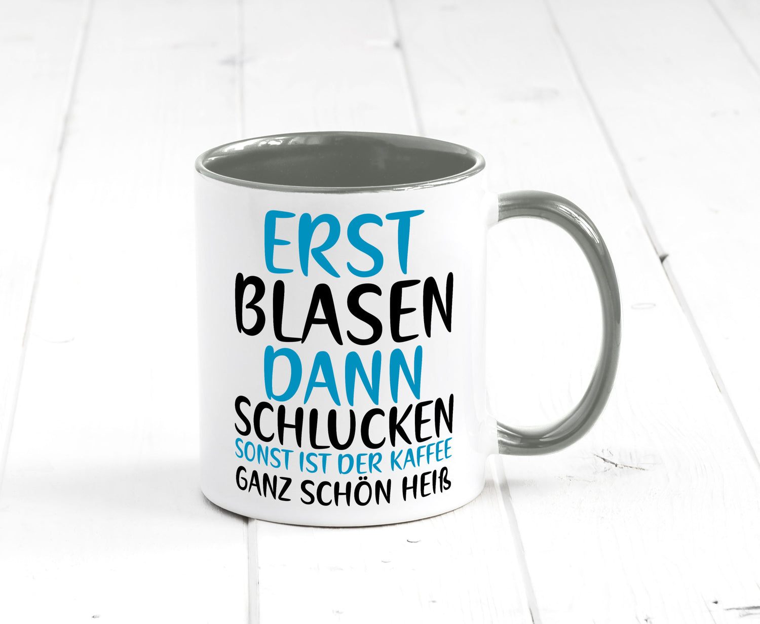 Erst Blasen dann Schlucken | kecker Spruch Lippenstift Geschenkidee Humor Tasse