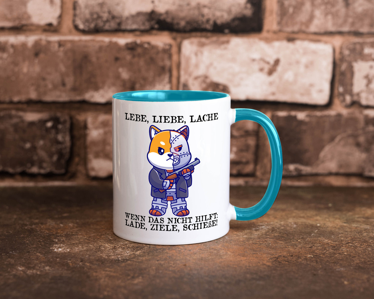 Lebe Liebe Lache | Sarkasmus Katze mit Gewehr Comic Geschenk Tierliebhaber