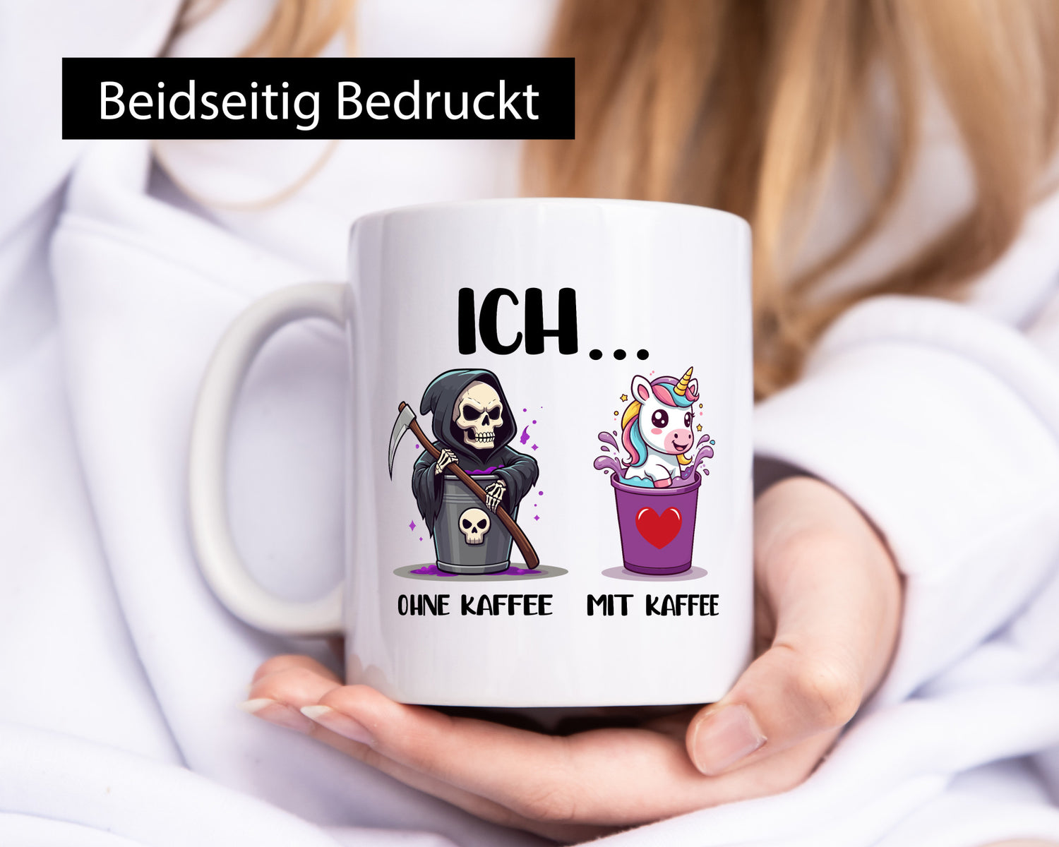 Ich mit und ohne Kaffee | Einhorn Kaffeetrinker v2 Humor Geschenkidee Tasse