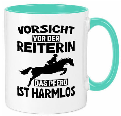 Vorsicht vor der Reiterin das Pferd ist Harmlos lustig Humor Geschenkidee Tasse