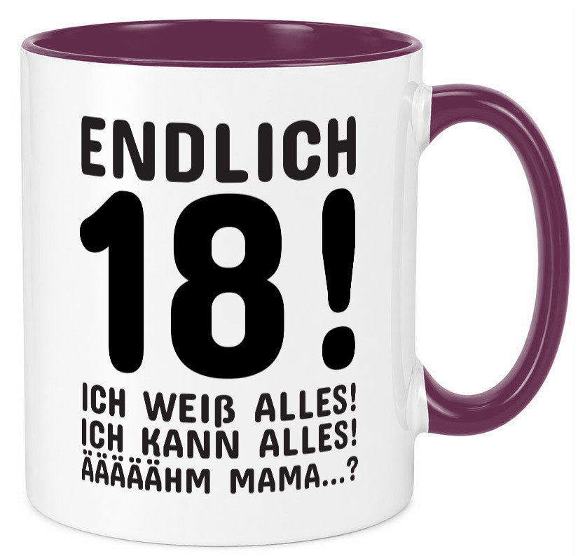 Endlich 18 | Geburtstag Tasse volljährig Erwachsen lustig Geschenkidee Geschenk
