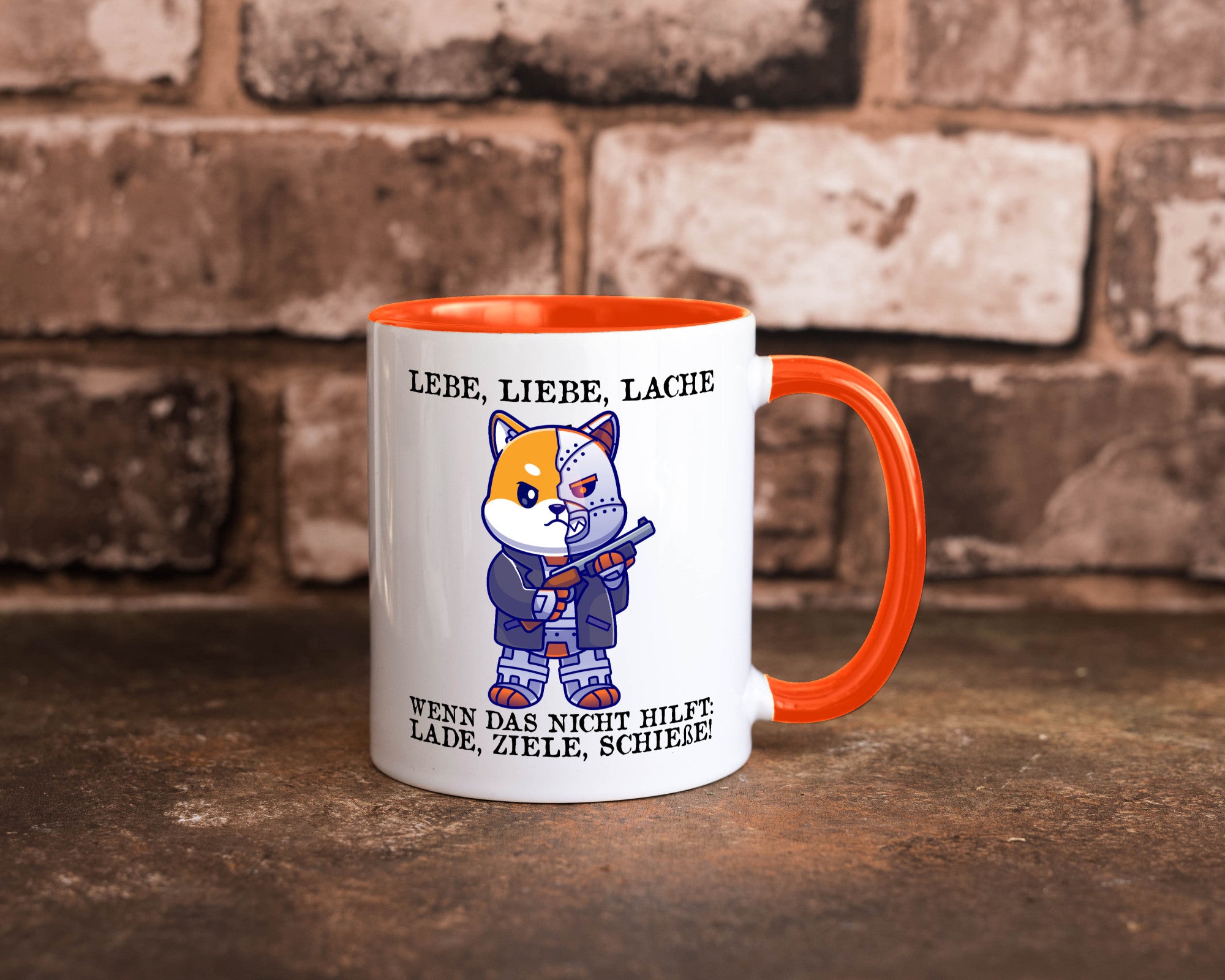Lebe Liebe Lache | Sarkasmus Katze mit Gewehr Comic Geschenk Tierliebhaber