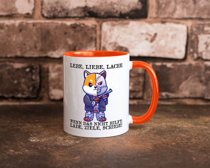 Lebe Liebe Lache | Sarkasmus Katze mit Gewehr Comic Geschenk Tierliebhaber