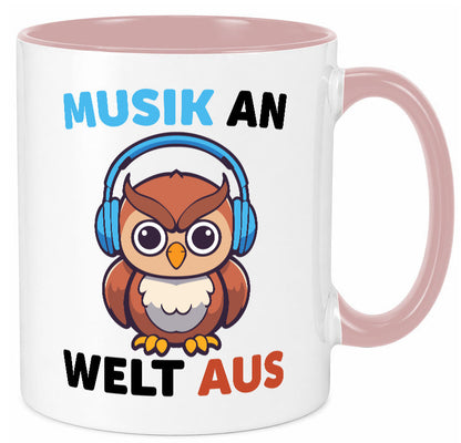 Musik an Welt aus | Eule hört lustiger Spruch Geschenk Humor Geschenkidee Tasse