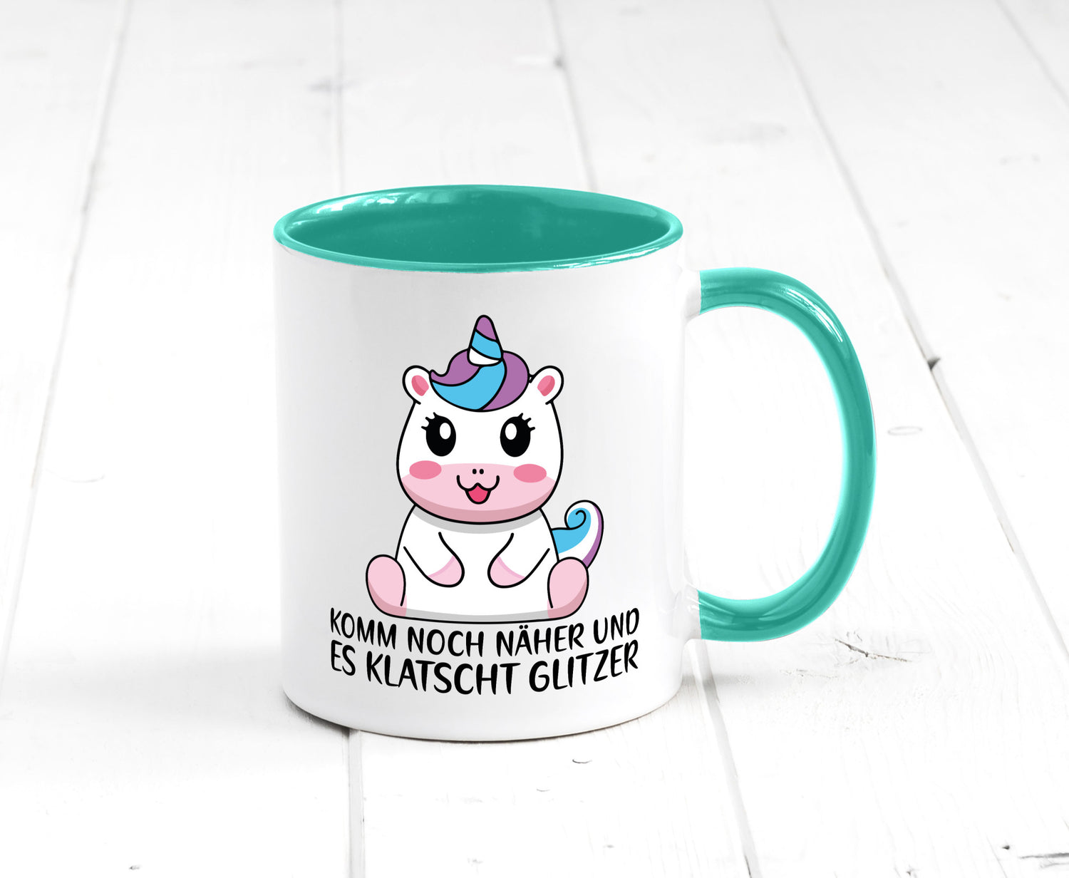 Komm näher und es klatscht Glitzer | Humor Einhorn Geschenkidee Tasse
