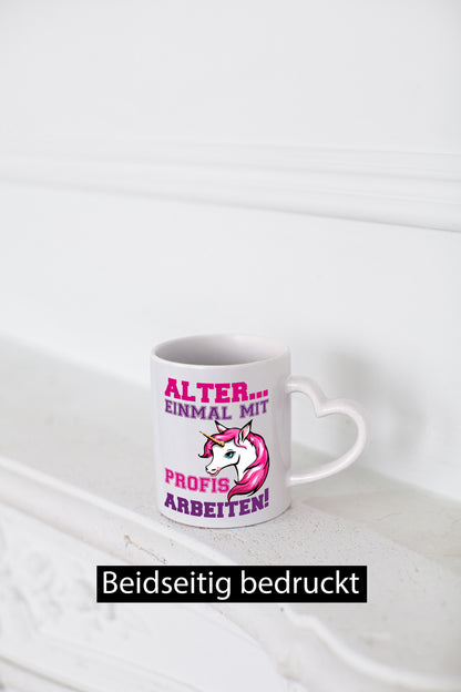 Mit Profis arbeiten | grimmiges Einhorn witzige Tasse Humor Arbeit Kollegen