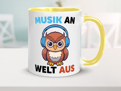 Musik an Welt aus | Eule hört lustiger Spruch Geschenk Humor Geschenkidee Tasse