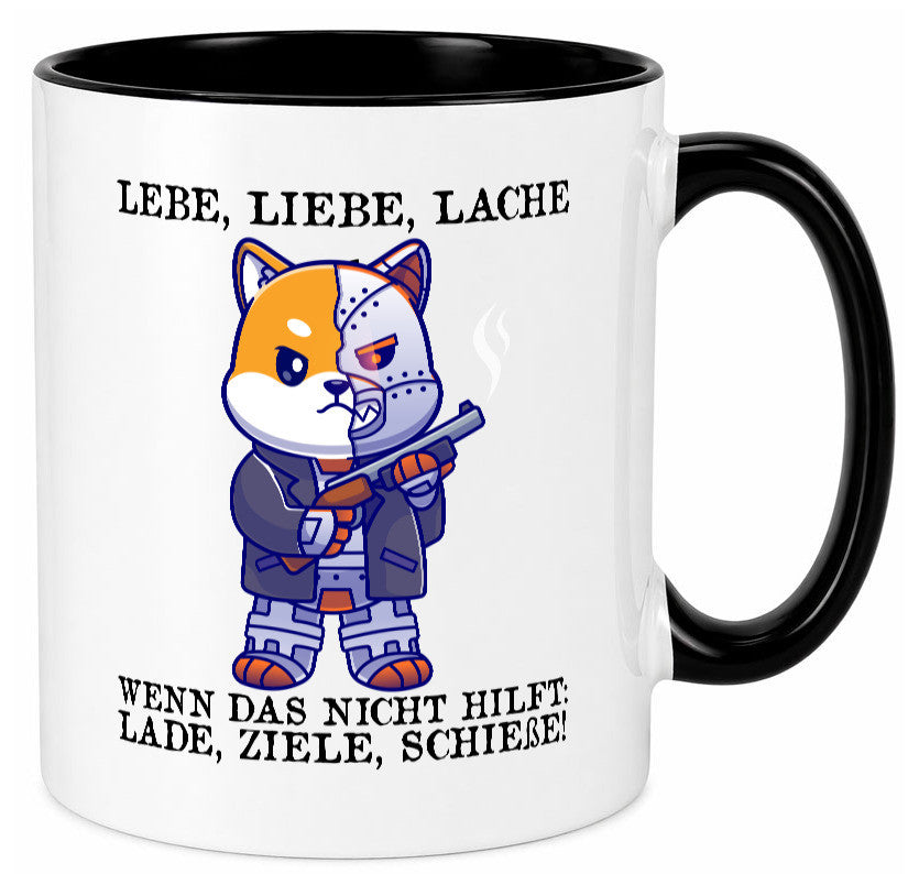 Lebe Liebe Lache | Sarkasmus Katze mit Gewehr Comic Geschenk Tierliebhaber