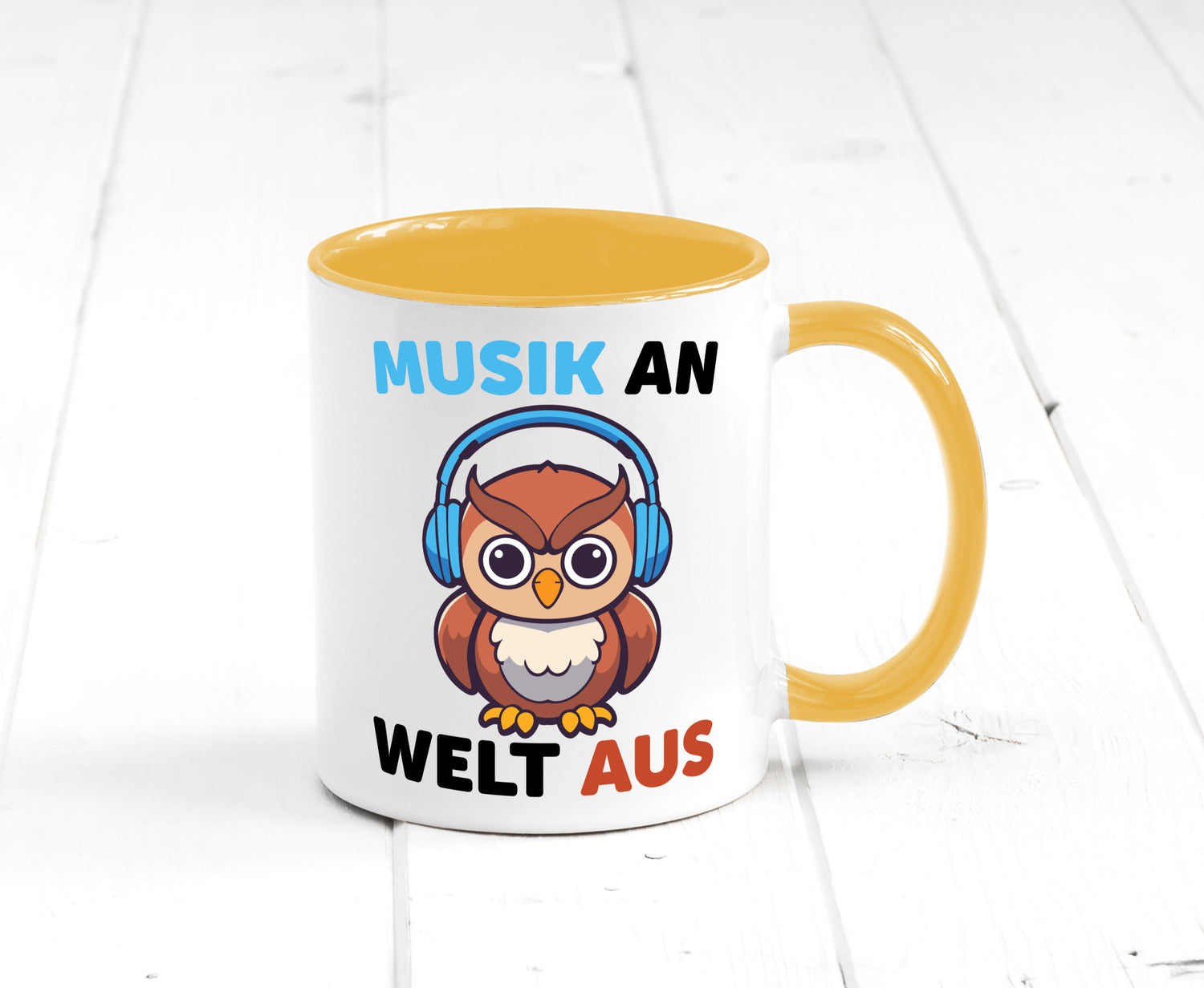 Musik an Welt aus | Eule hört lustiger Spruch Geschenk Humor Geschenkidee Tasse