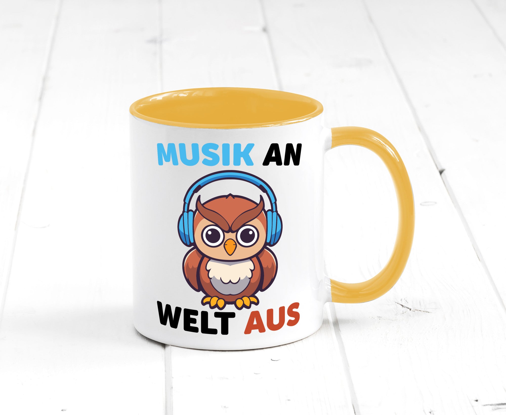 Musik an Welt aus | Eule hört lustiger Spruch Geschenk Humor Geschenkidee Tasse