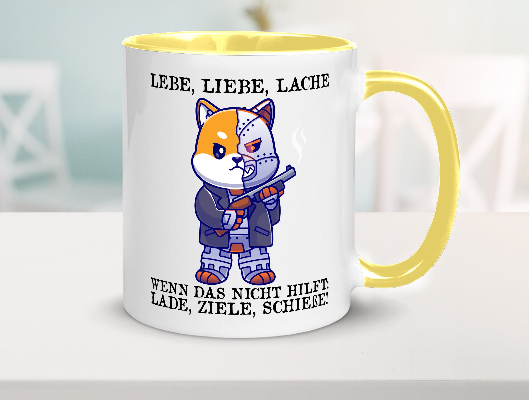 Lebe Liebe Lache | Sarkasmus Katze mit Gewehr Comic Geschenk Tierliebhaber