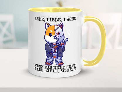 Lebe Liebe Lache | Sarkasmus Katze mit Gewehr Comic Geschenk Tierliebhaber