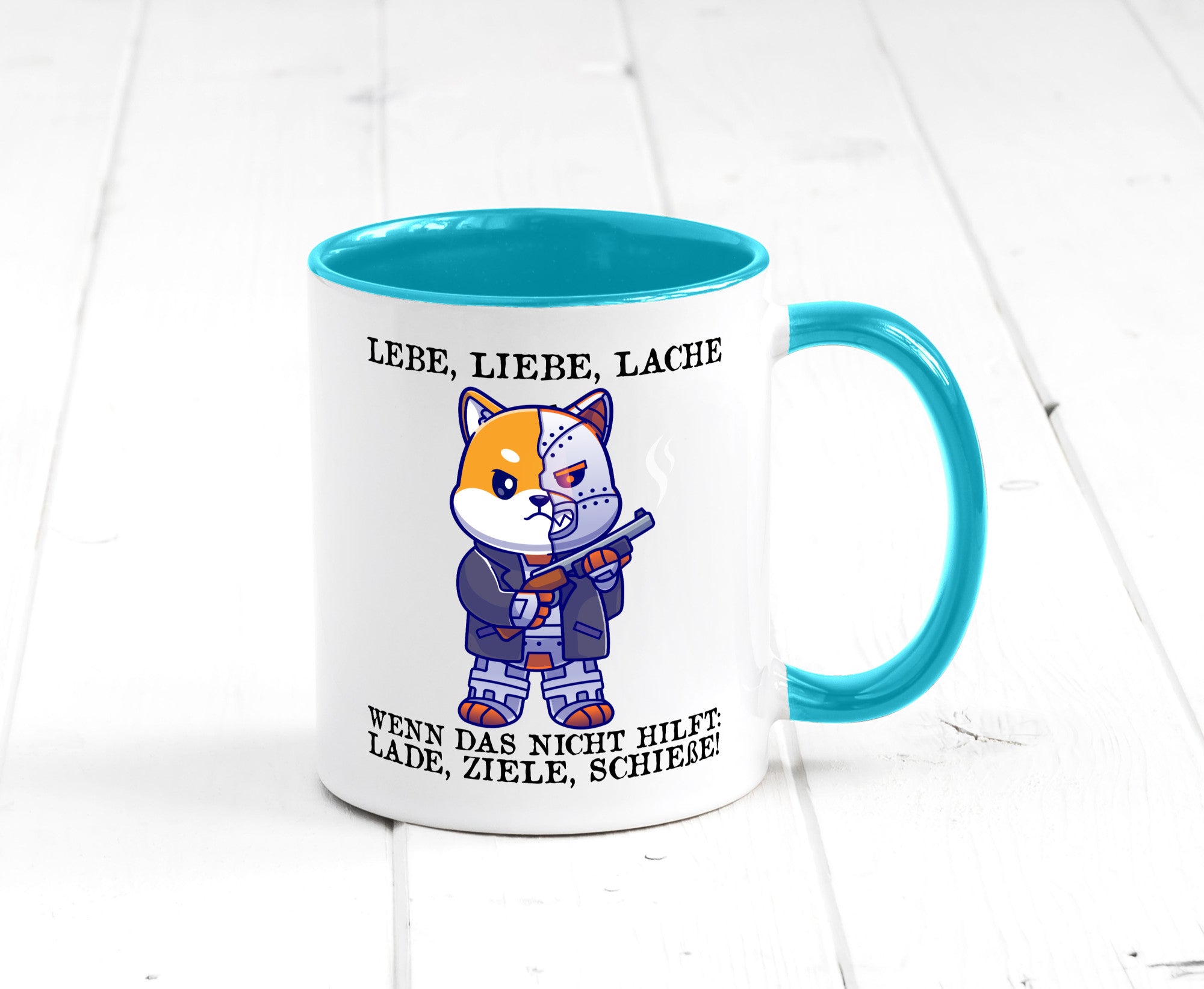 Lebe Liebe Lache | Sarkasmus Katze mit Gewehr Comic Geschenk Tierliebhaber