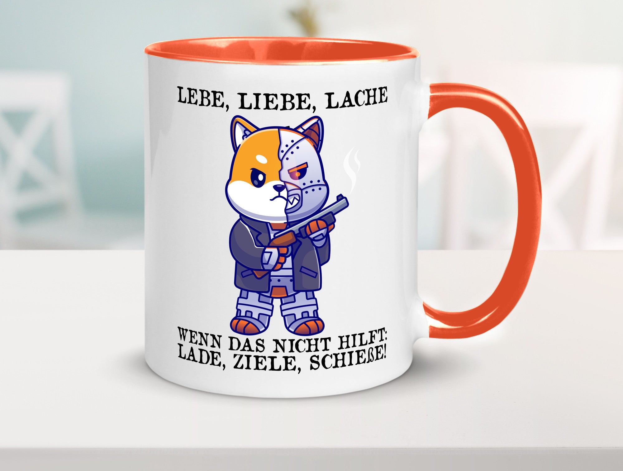 Lebe Liebe Lache | Sarkasmus Katze mit Gewehr Comic Geschenk Tierliebhaber