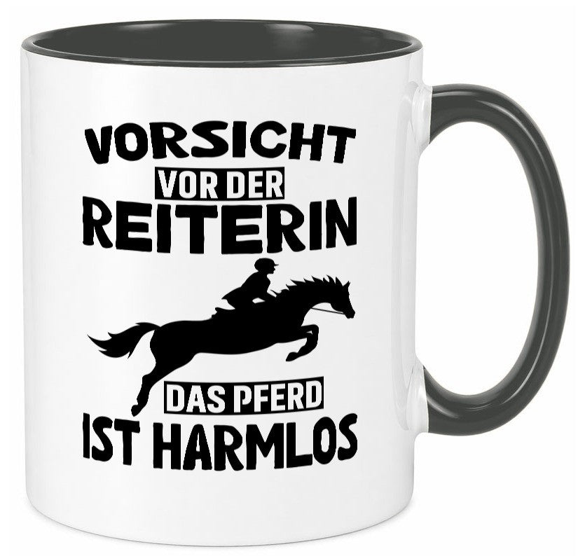 Vorsicht vor der Reiterin das Pferd ist Harmlos lustig Humor Geschenkidee Tasse