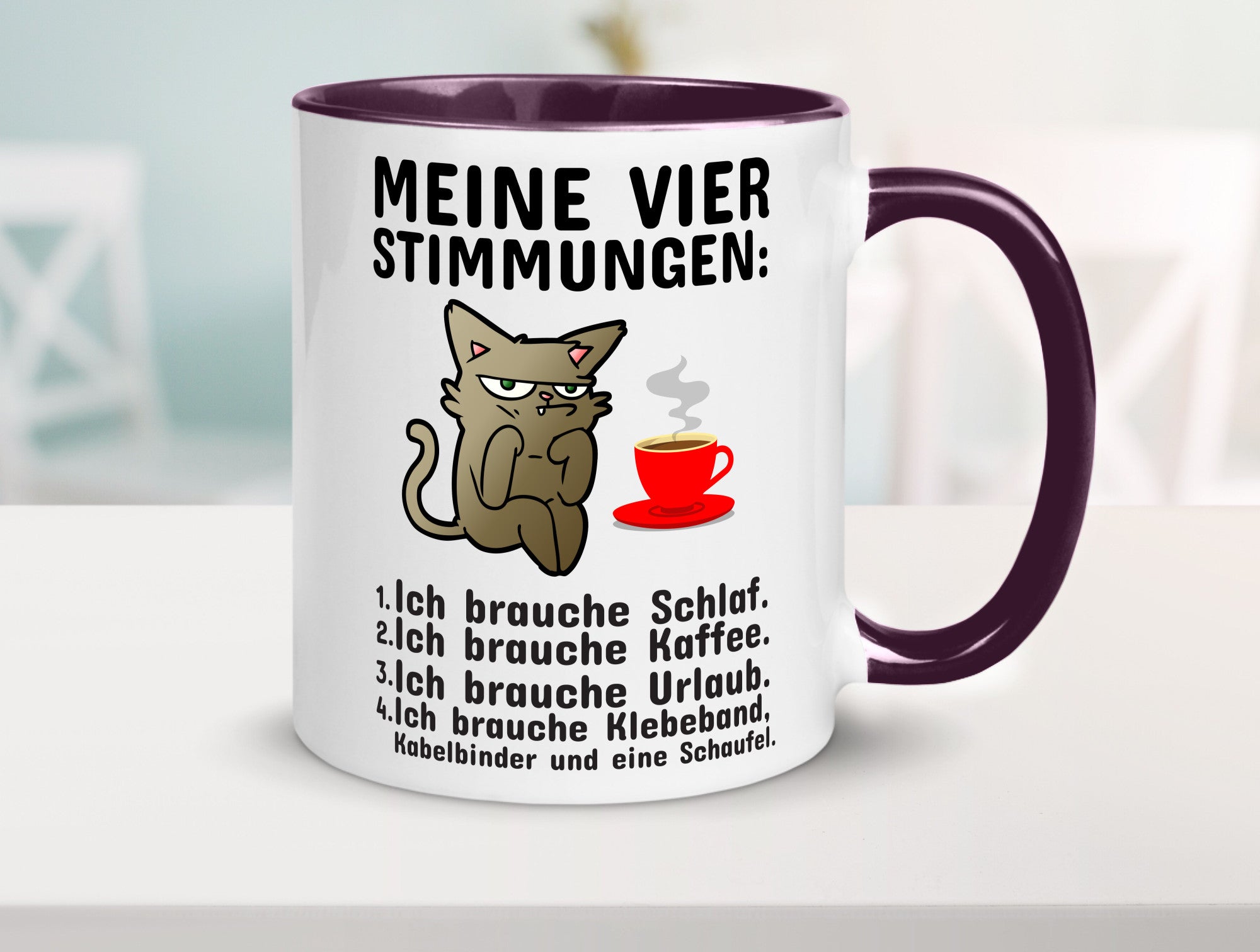 Vier Stimmungen | Morgenmuffel Tasse mürrische Katze Humor Tierliebhaber