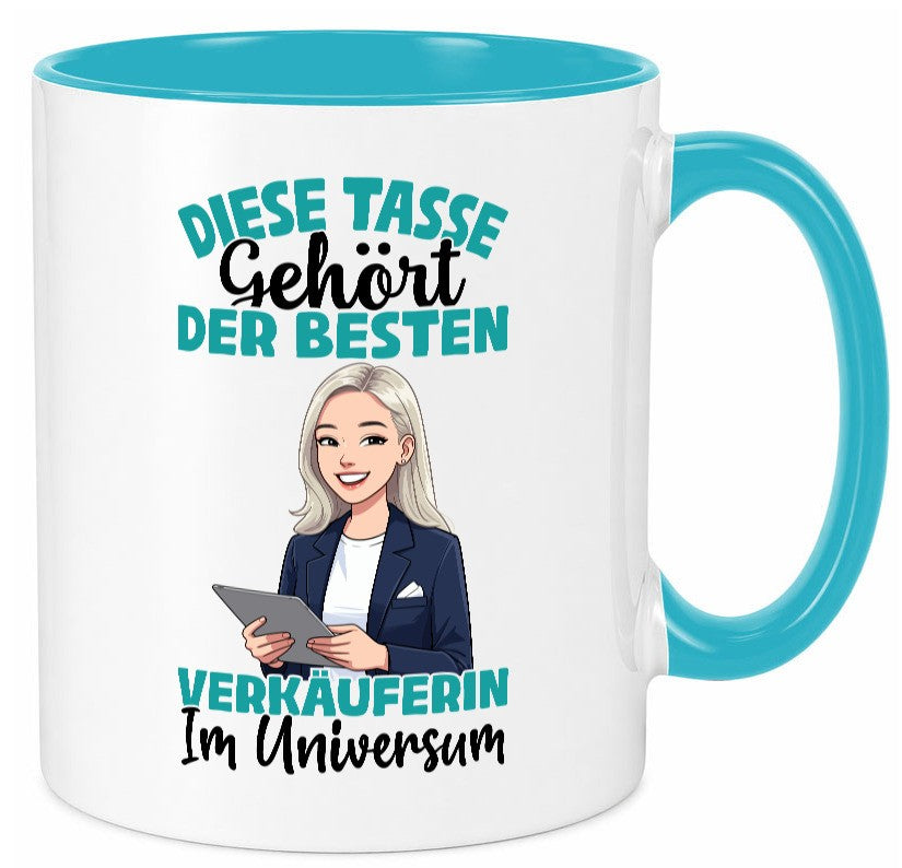 Im Universum: Verkäuferin| Kollegin | Verkaufsjob lustiger Spruch Geschenk Tasse