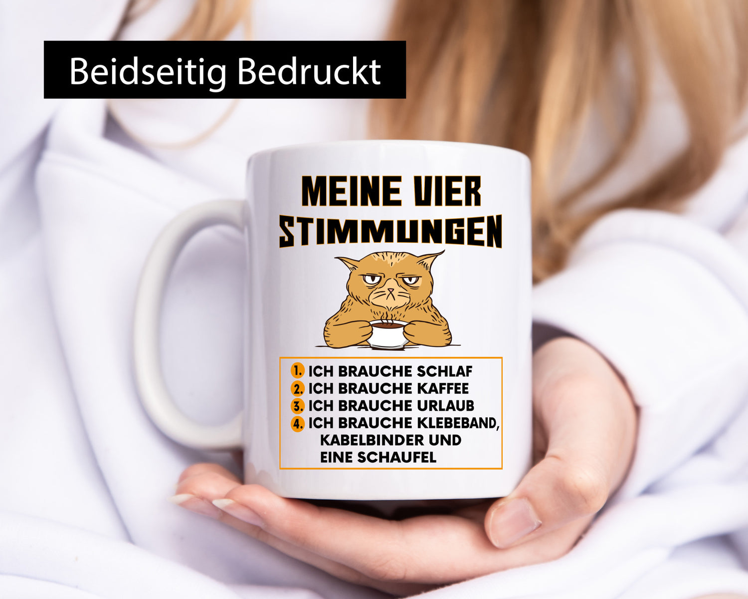 Meine vier Stimmungen | Spruch Humor müde Urlaub Geschenkidee Tasse