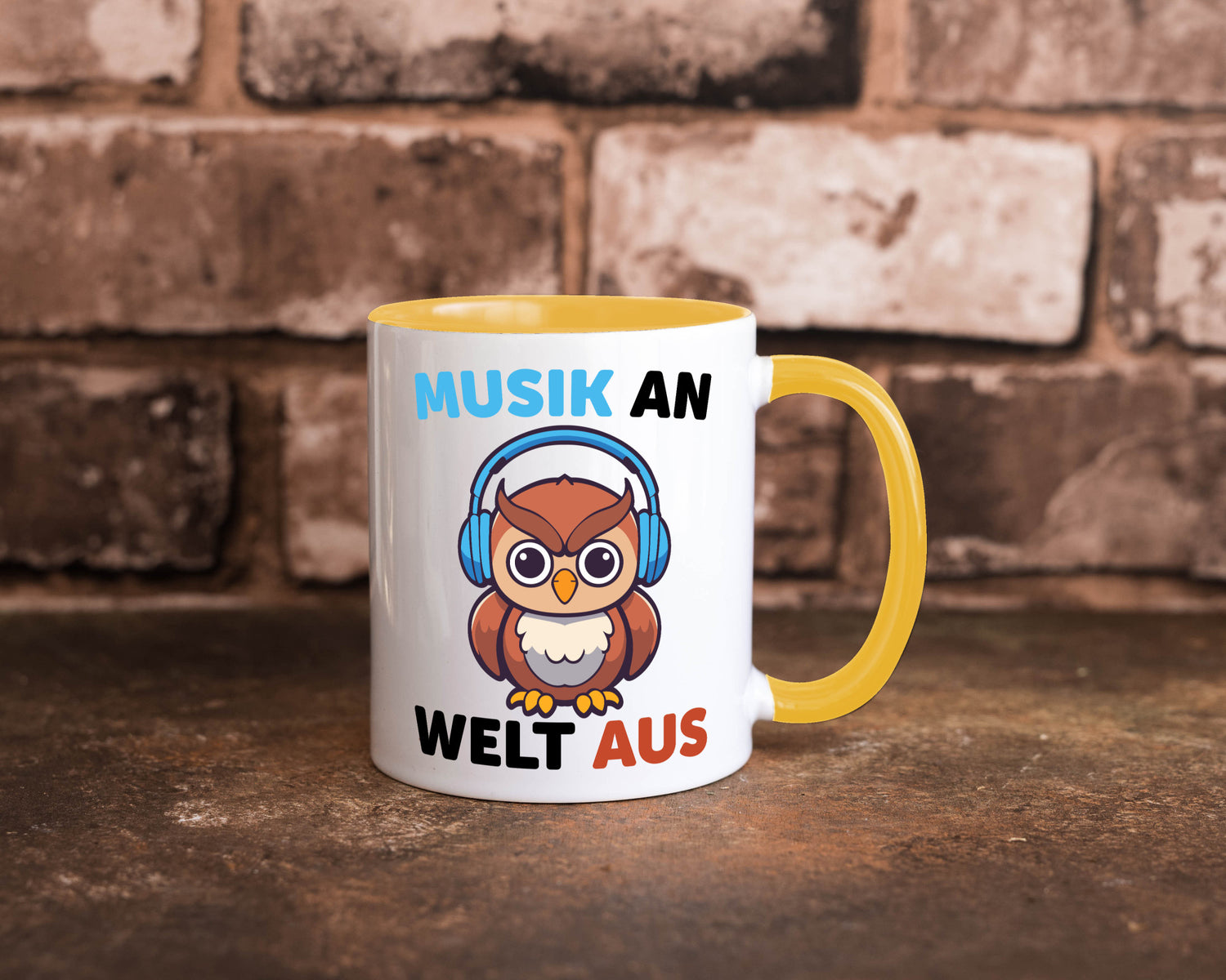 Musik an Welt aus | Eule hört lustiger Spruch Geschenk Humor Geschenkidee Tasse