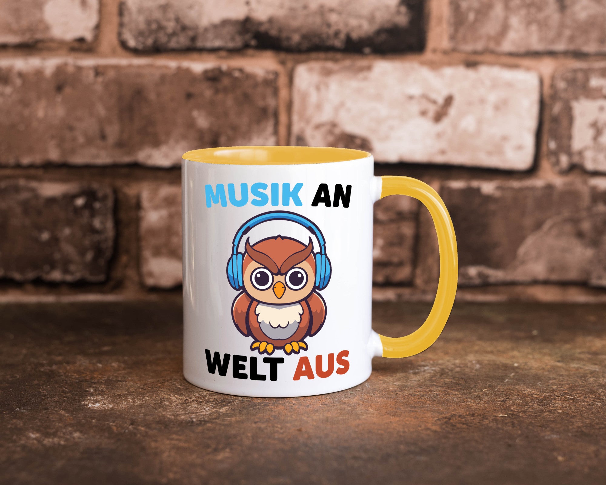 Musik an Welt aus | Eule hört lustiger Spruch Geschenk Humor Geschenkidee Tasse