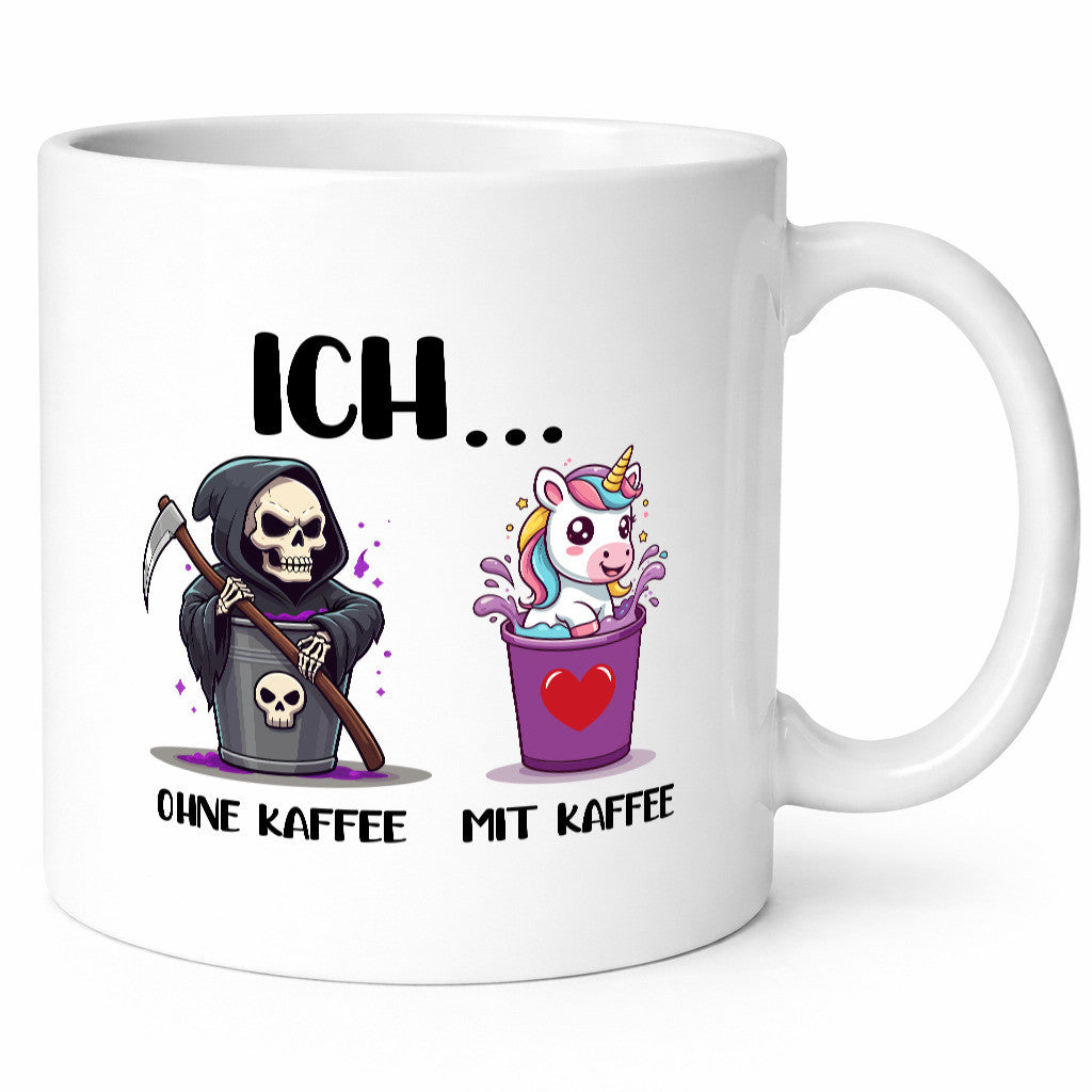 Ich mit und ohne Kaffee | Einhorn Kaffeetrinker v2 Humor Geschenkidee Tasse