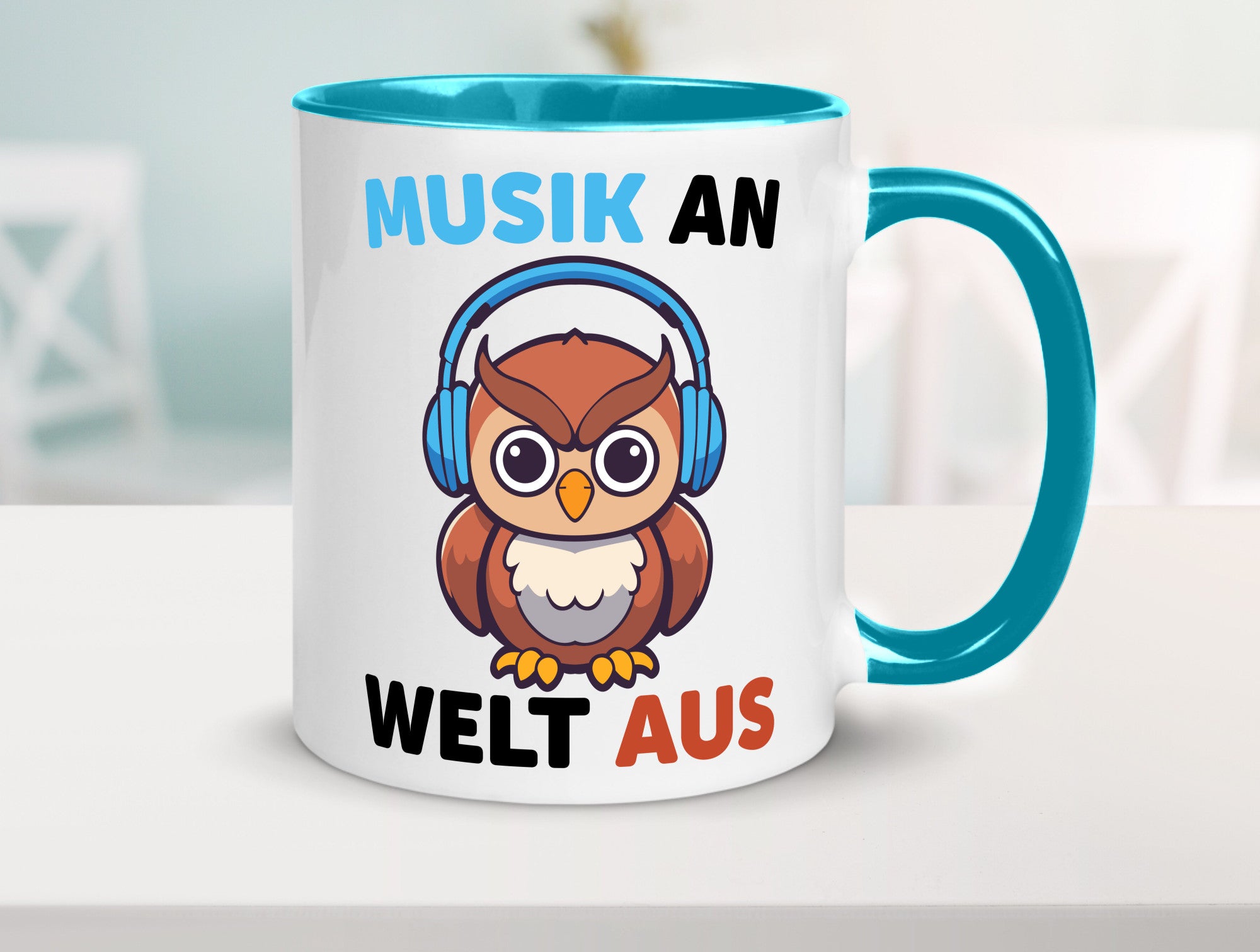 Musik an Welt aus | Eule hört lustiger Spruch Geschenk Humor Geschenkidee Tasse