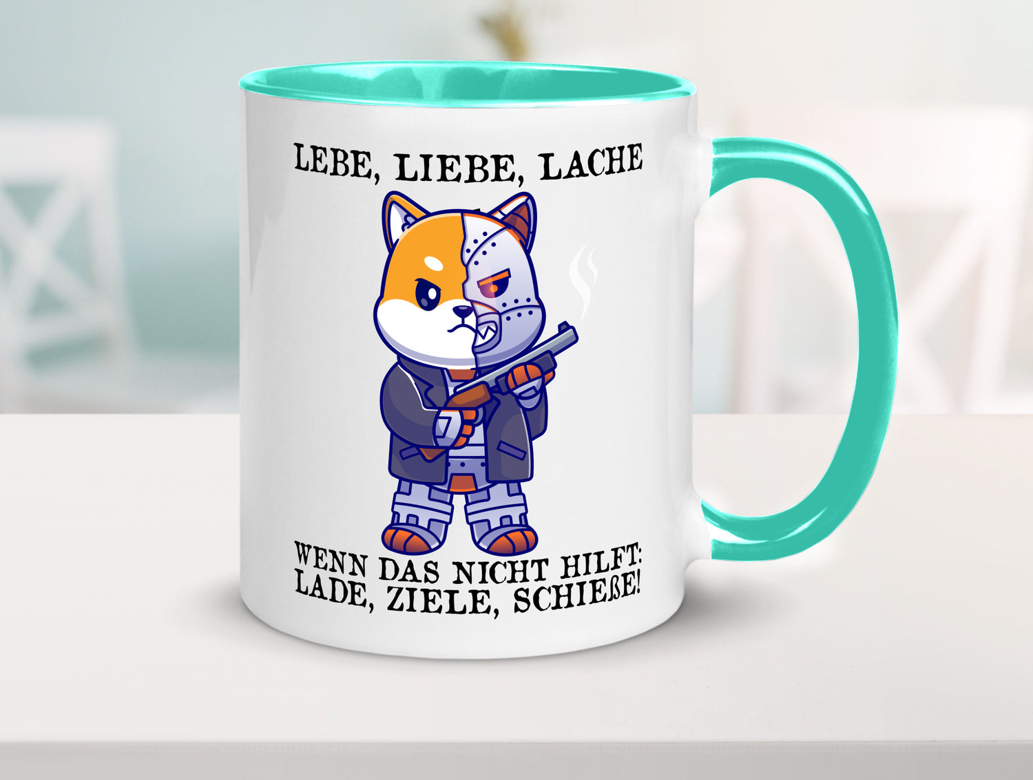 Lebe Liebe Lache | Sarkasmus Katze mit Gewehr Comic Geschenk Tierliebhaber