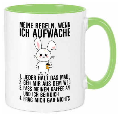 Regeln wenn ich aufwache | Morgenmuffel Hase Kaffee Geschenk Humor Geschenkidee Tasse