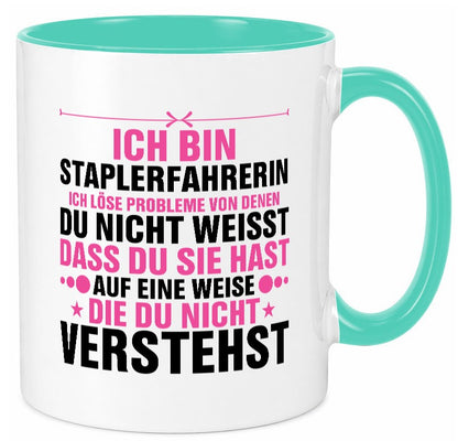 Löse Probleme: Staplerfahrerin | Gabelstapler lustiger Spruch Geschenk Humor Tasse