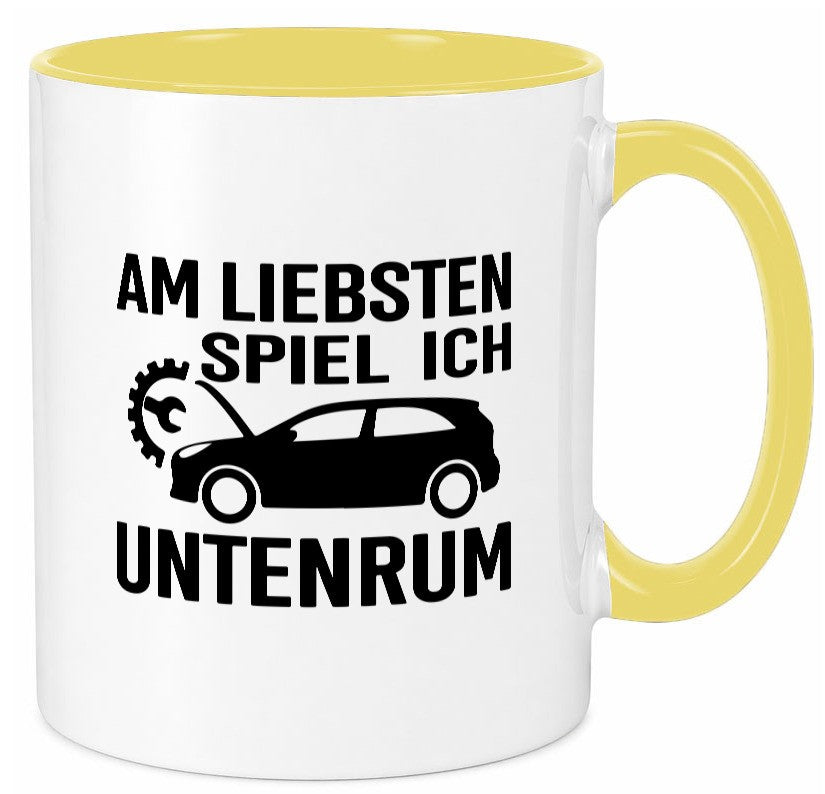 Am liebsten spiele ich unten rum | Autoliebhaber Werkstatt lustiger Spruch Tasse
