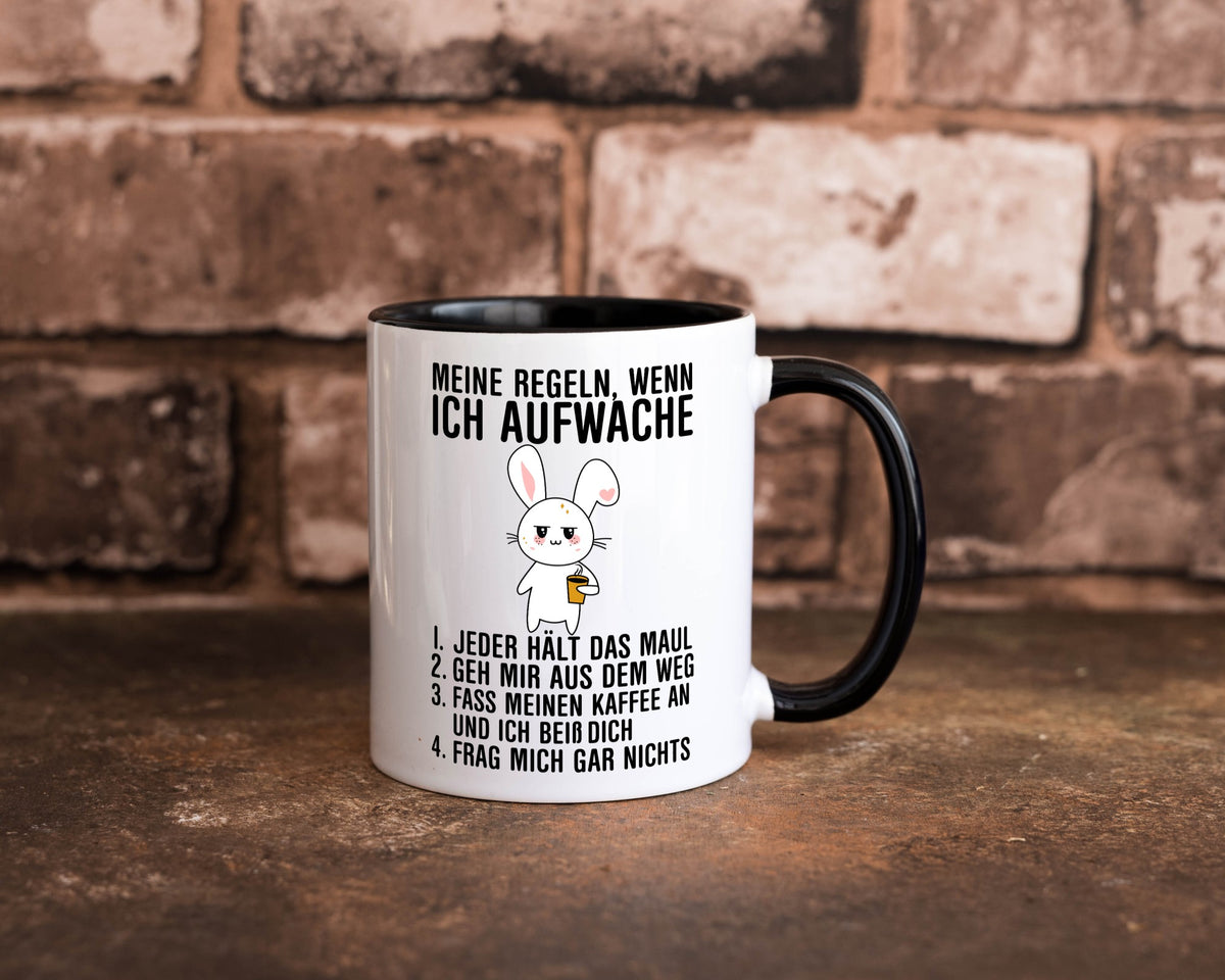 Regeln wenn ich aufwache | Morgenmuffel Hase Kaffee Geschenk Humor Geschenkidee Tasse