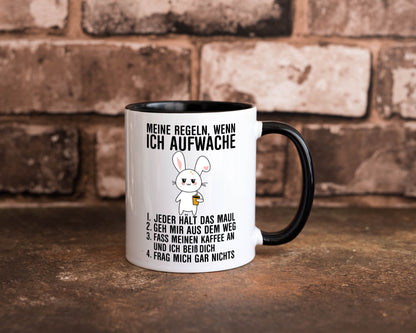 Regeln wenn ich aufwache | Morgenmuffel Hase Kaffee Geschenk Humor Geschenkidee Tasse