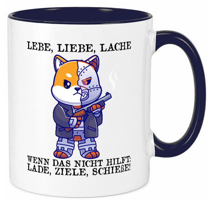 Lebe Liebe Lache | Sarkasmus Katze mit Gewehr Comic Geschenk Tierliebhaber