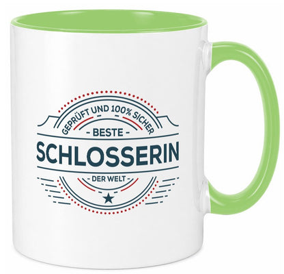 Geprüft und sicher: Schlosserin | Schlosserei lustig Humor Geschenkidee Tasse