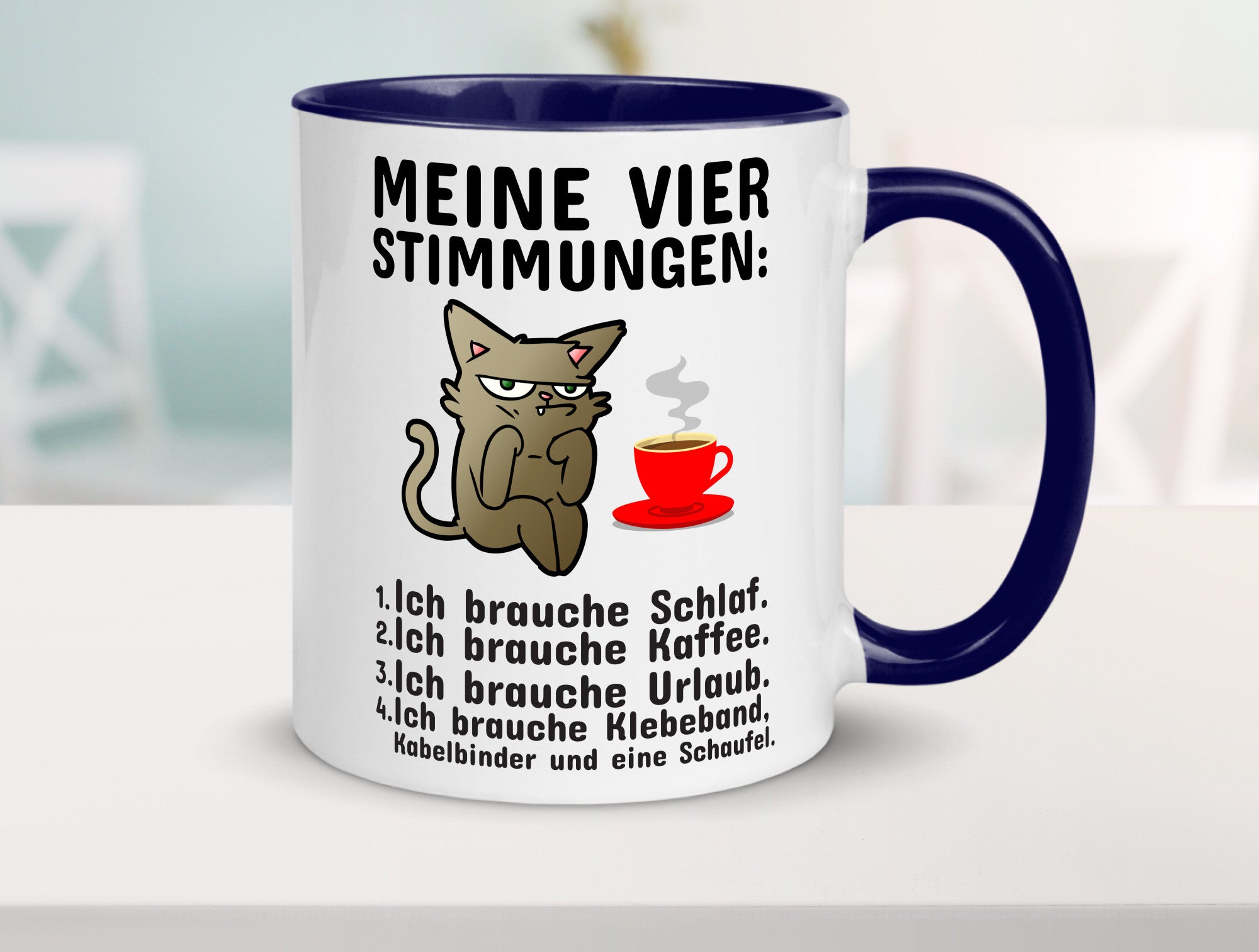 Vier Stimmungen | Morgenmuffel Tasse mürrische Katze Humor Tierliebhaber