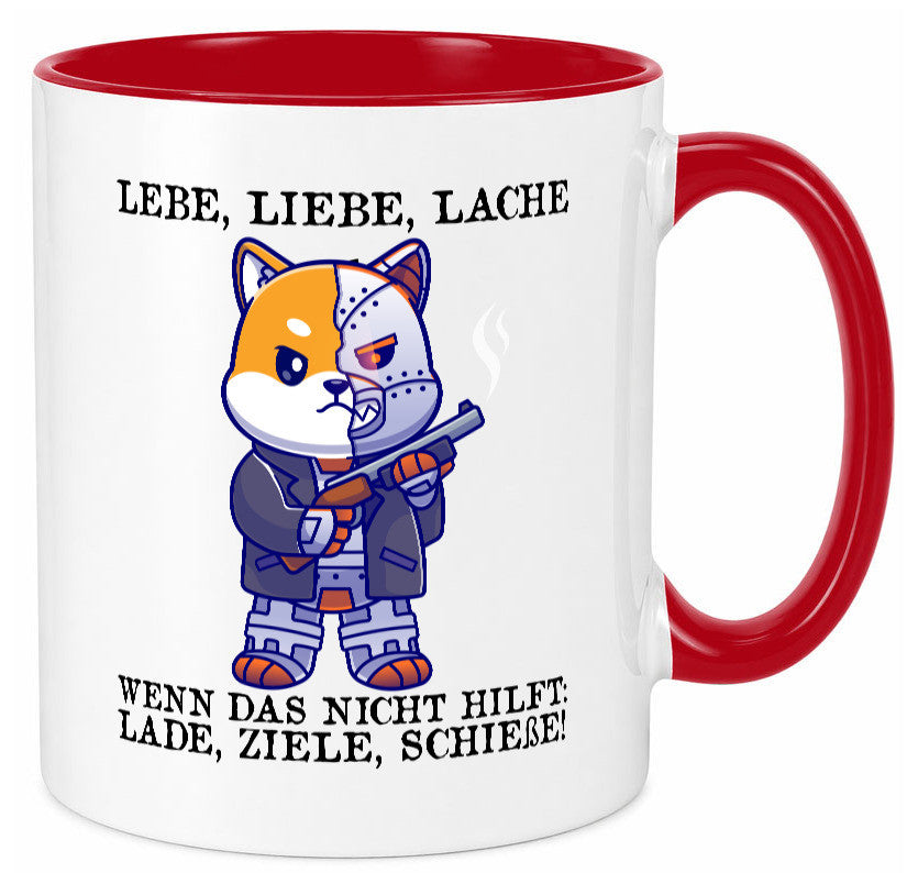 Lebe Liebe Lache | Sarkasmus Katze mit Gewehr Comic Geschenk Tierliebhaber