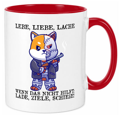 Lebe Liebe Lache | Sarkasmus Katze mit Gewehr Comic Geschenk Tierliebhaber