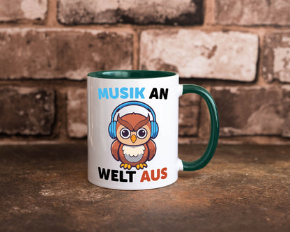Musik an Welt aus | Eule hört lustiger Spruch Geschenk Humor Geschenkidee Tasse