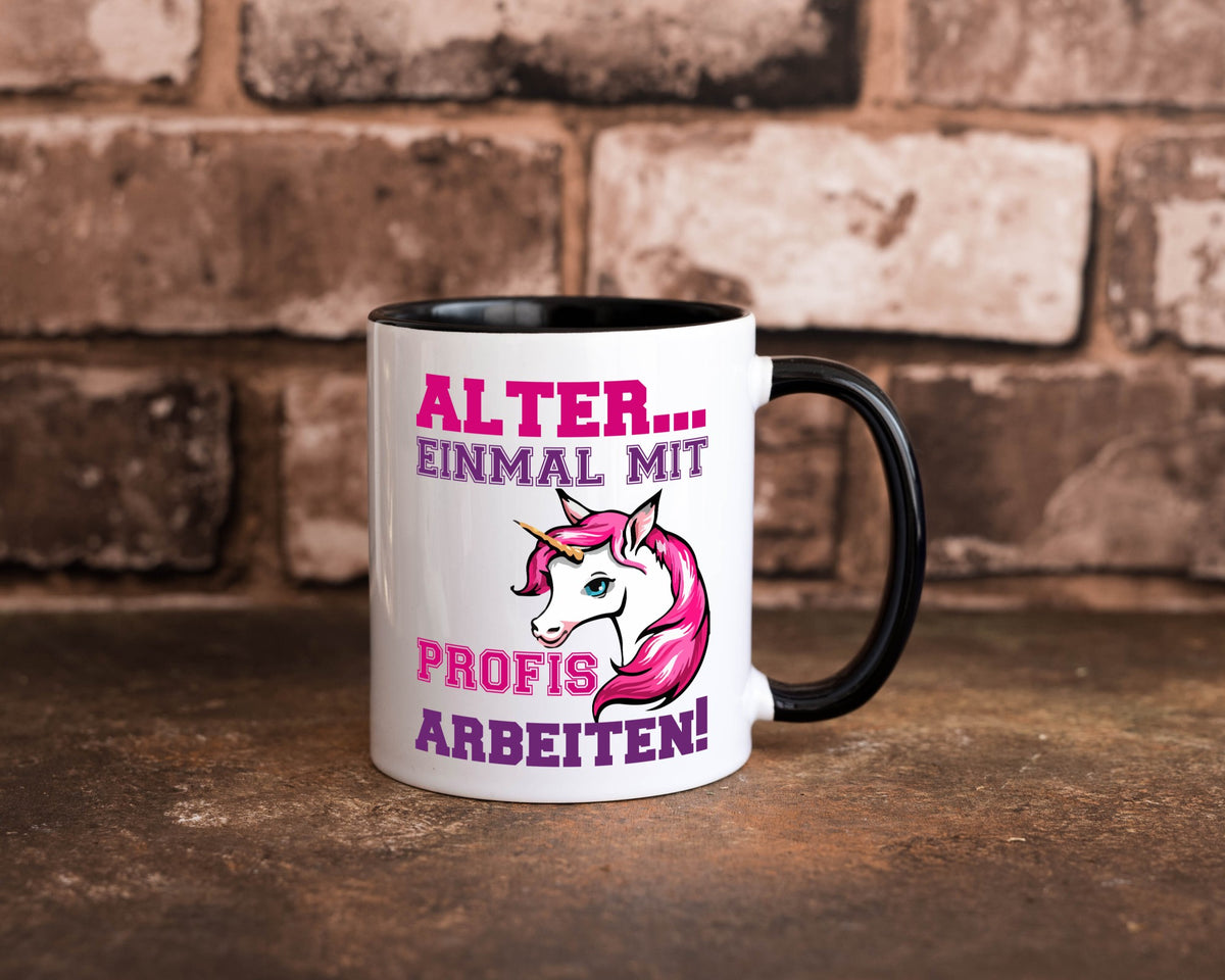 Mit Profis arbeiten | grimmiges Einhorn witzige Tasse Humor Arbeit Kollegen
